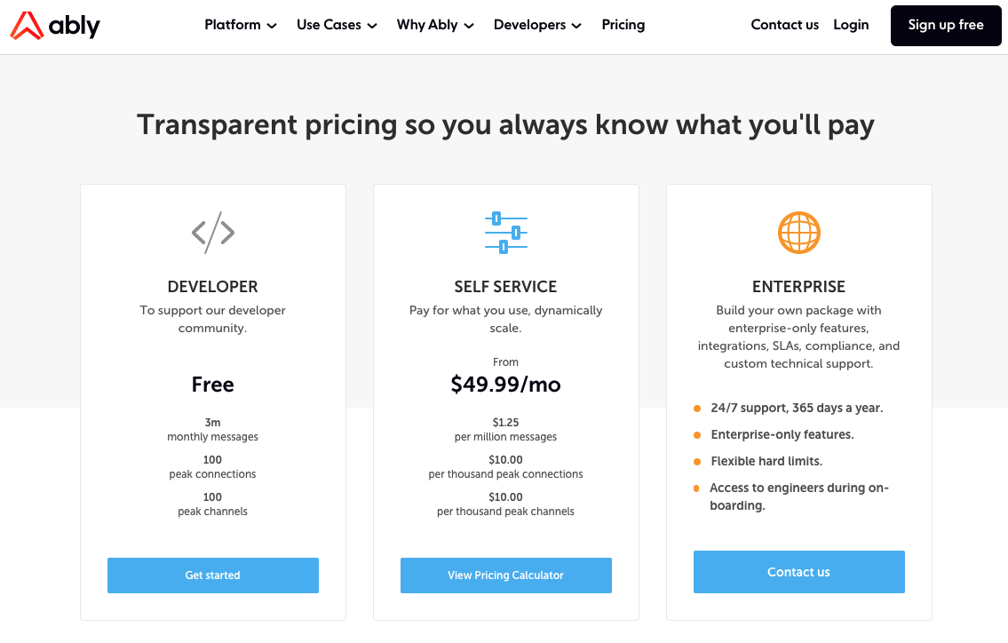 An example of how a company can make it easy for users to scale and understand their business model. The pricing models are based on need and usage, making Ably friendly to companies of various sizes