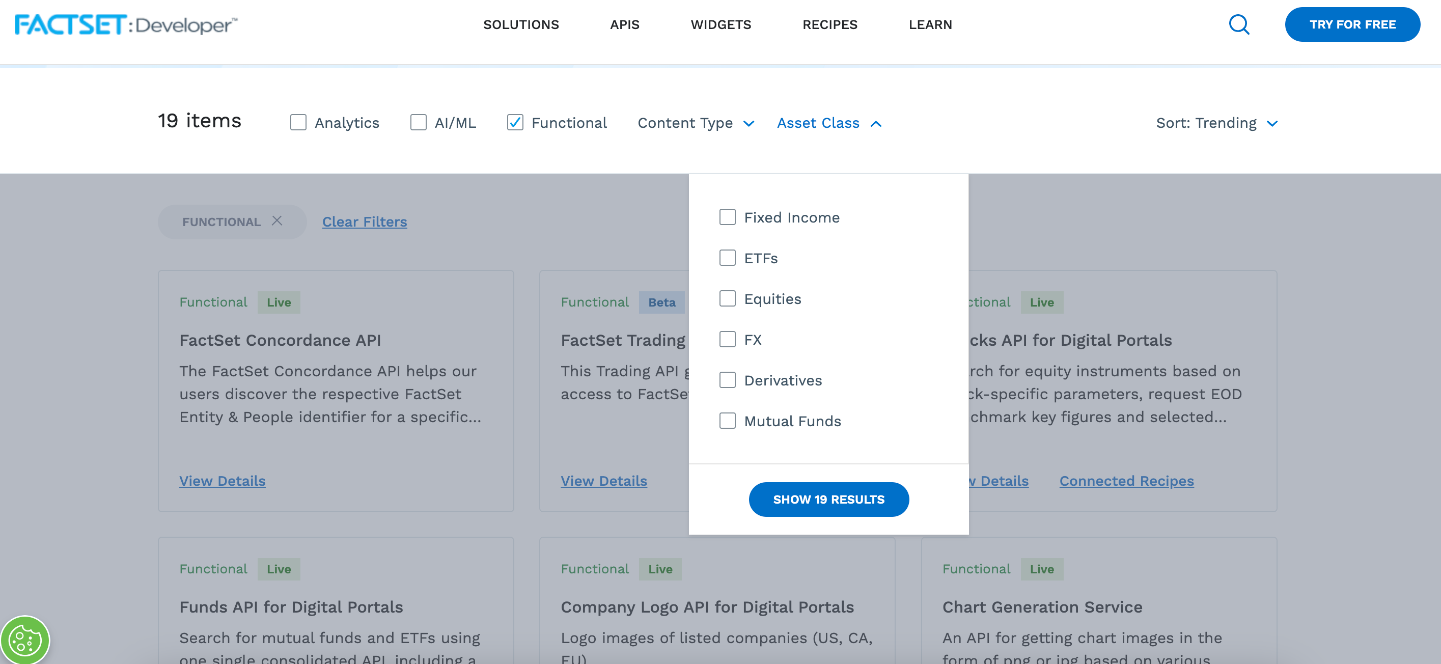 FactSet's API catalog has many options to filter the products like "Content Type" or "Asset Class"